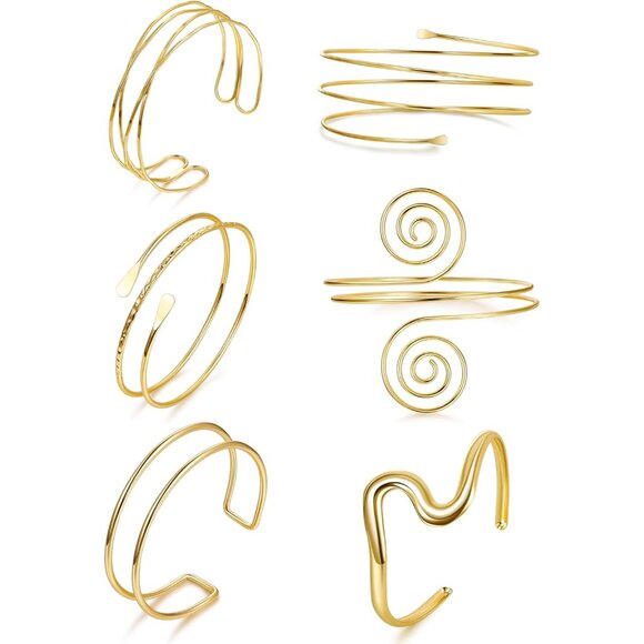 6Pcs Arm Cuff Gold Upper Arm Cuff Bracelet for Women Adjustable Open Cuff Bangle - Picture 1 of 6